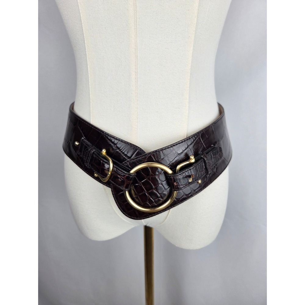 Ann Taylor Belt Women Large Brown Croc Embossed Leather Gold Ring Buckle Wide